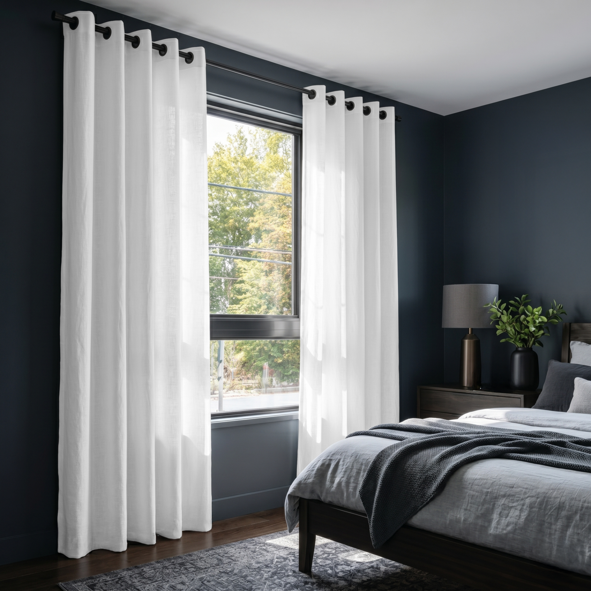 White Linen Grommet Curtains in a Modern Dark Blue Bedroom With a Black Curtain Rod and Natural Light - Cotton Lining