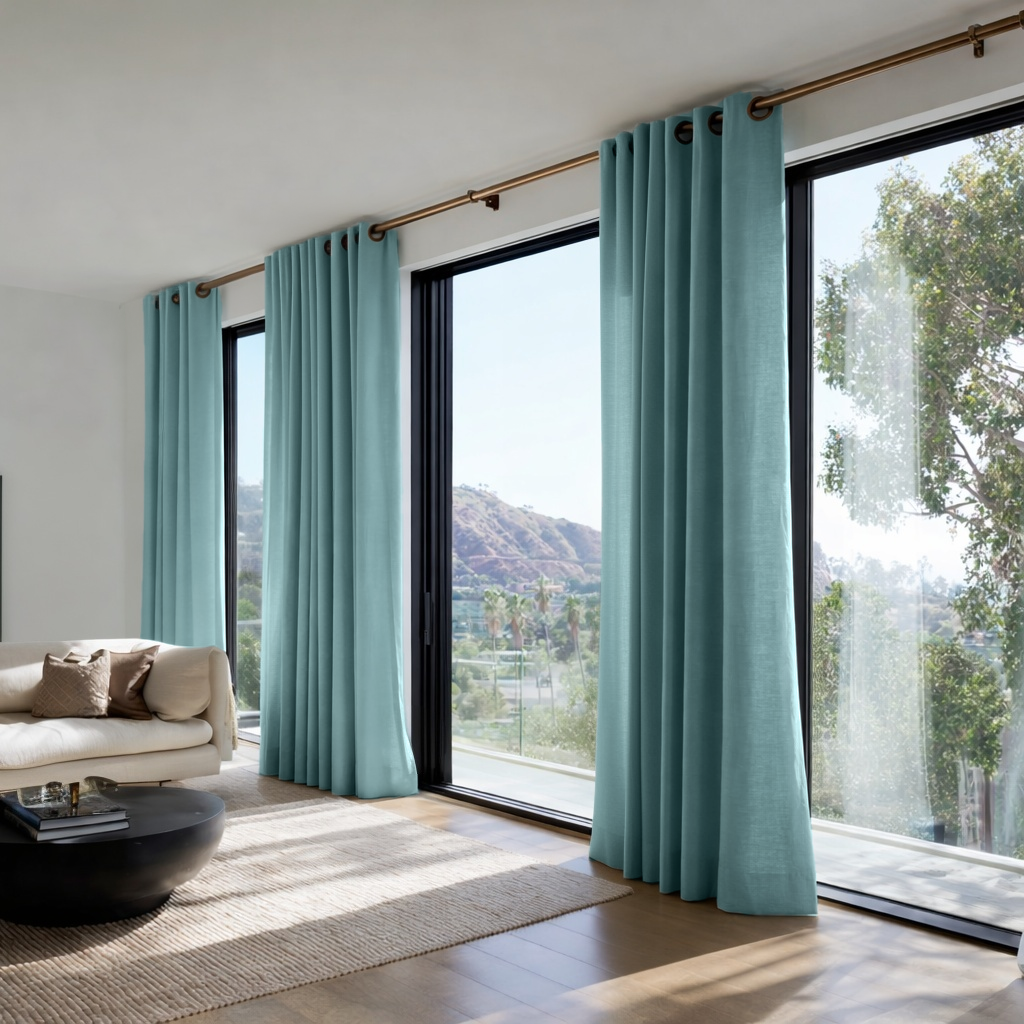 Aquamarine Linen Grommet Curtains - Cotton Lining