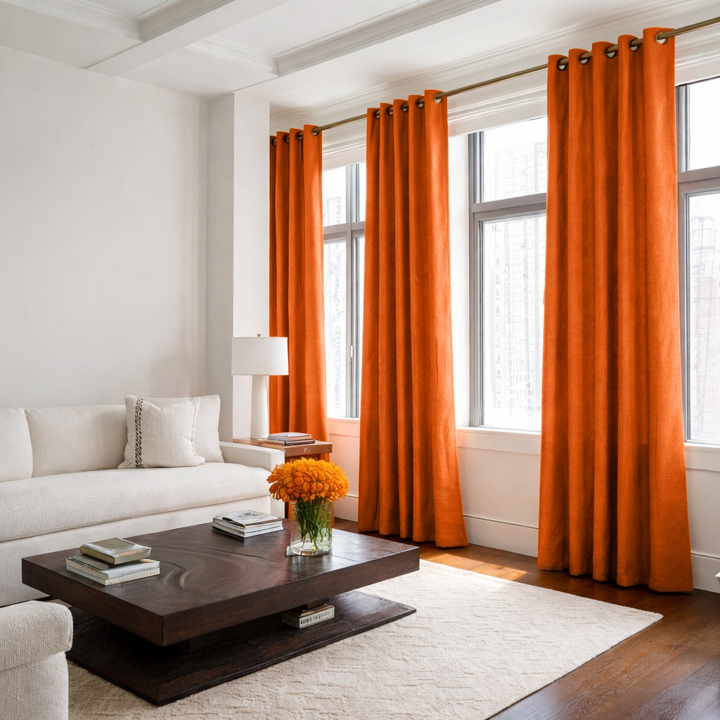 Burnt Orange Linen Grommet Curtains - Cotton Lining