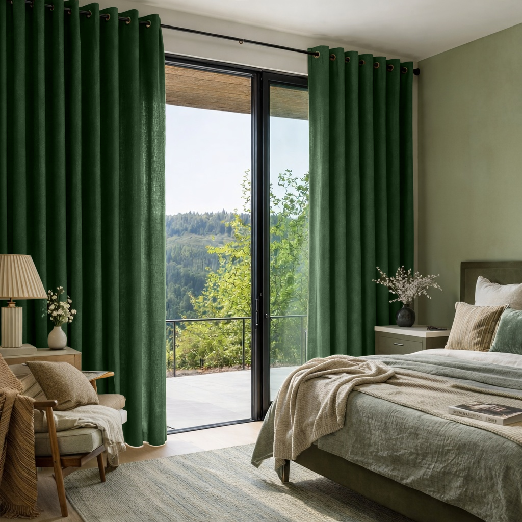 Forest Green Linen Grommet Curtains - Cotton Lining