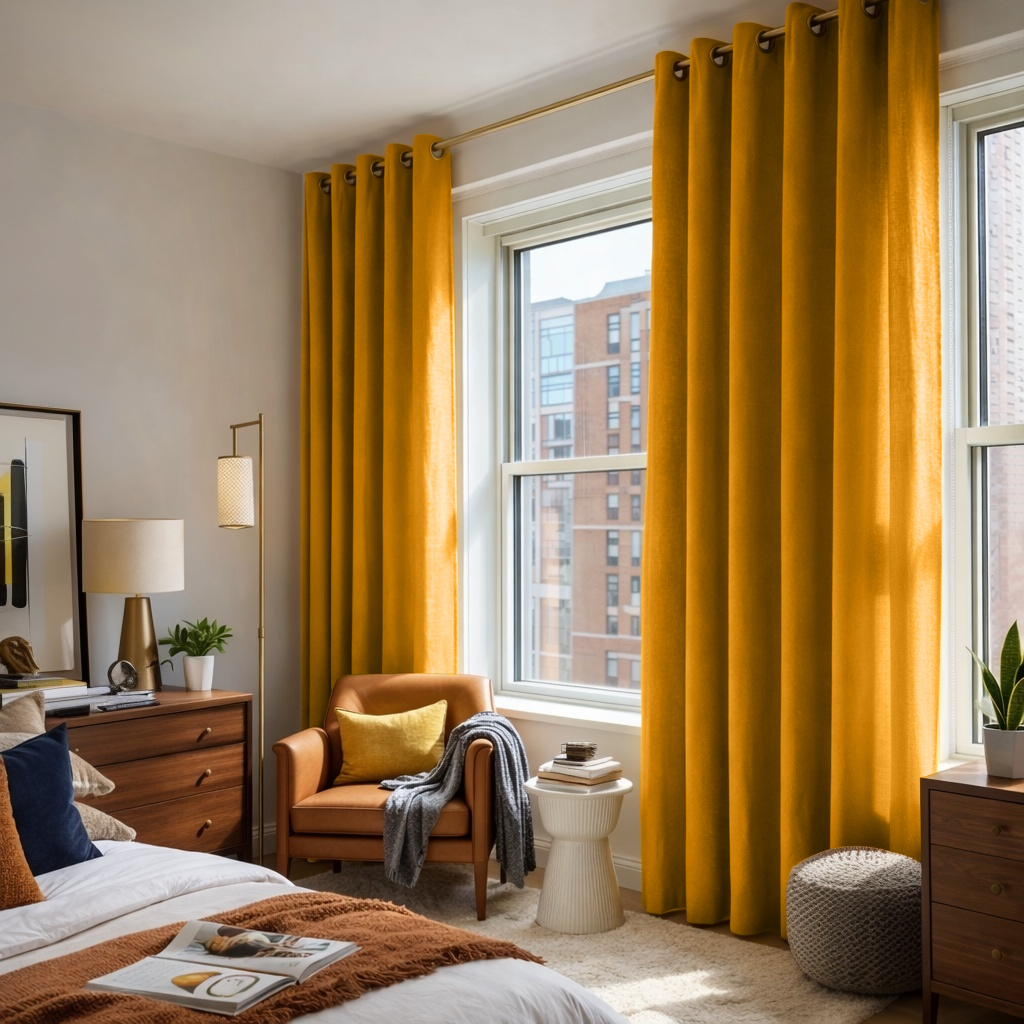 Mustard Yellow Linen Grommet Curtains - Cotton Lining