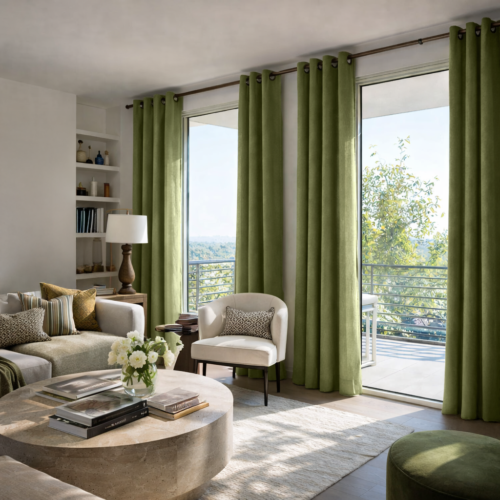 Olive Green Linen Grommet Curtain - Cotton Lining