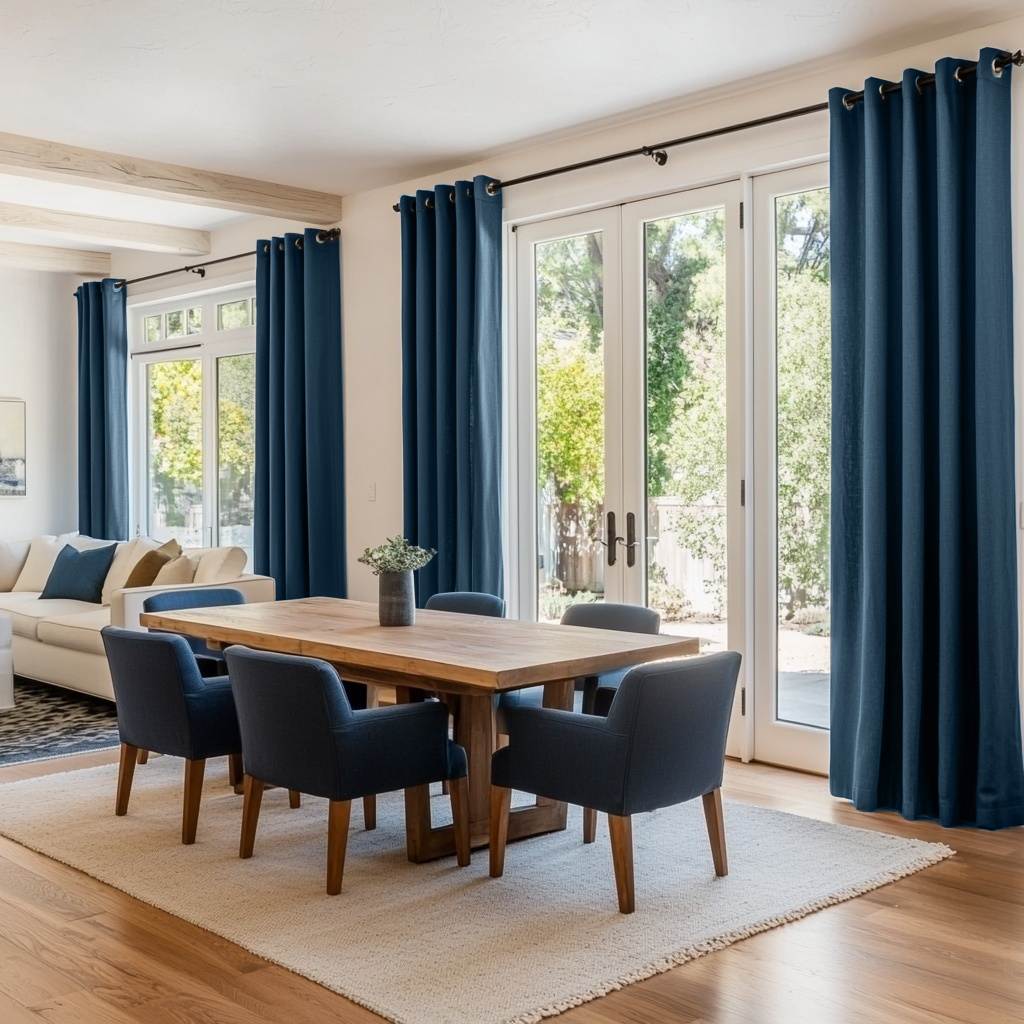 Peacock Blue Linen Grommet Curtains - Cotton Lining