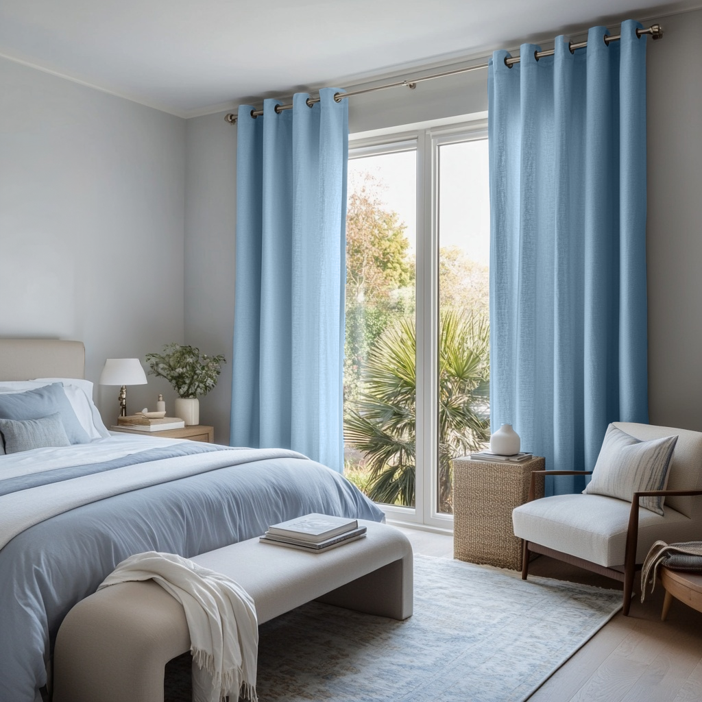 Sky Blue Linen Grommet Curtains - Cotton Lining