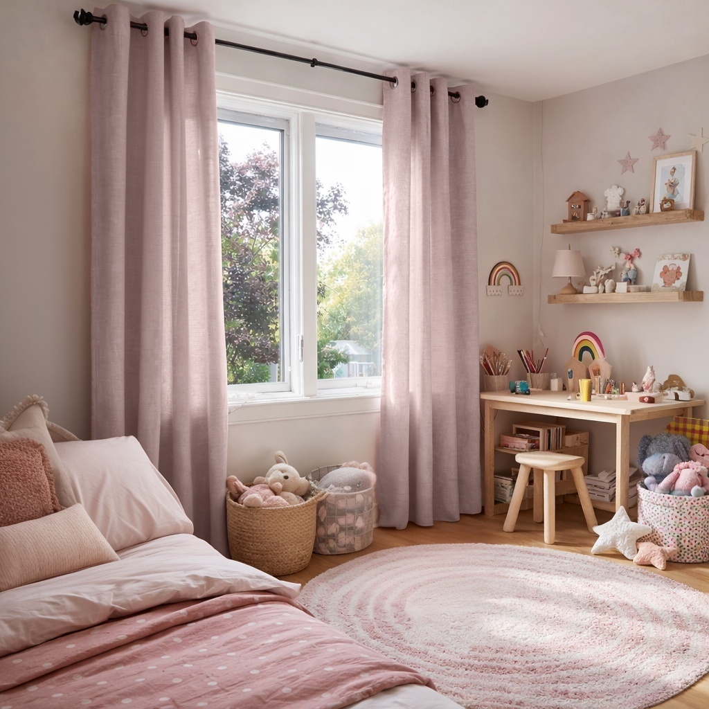 Dusty Pink Linen Grommet Kids Room Curtains - Cotton Lining