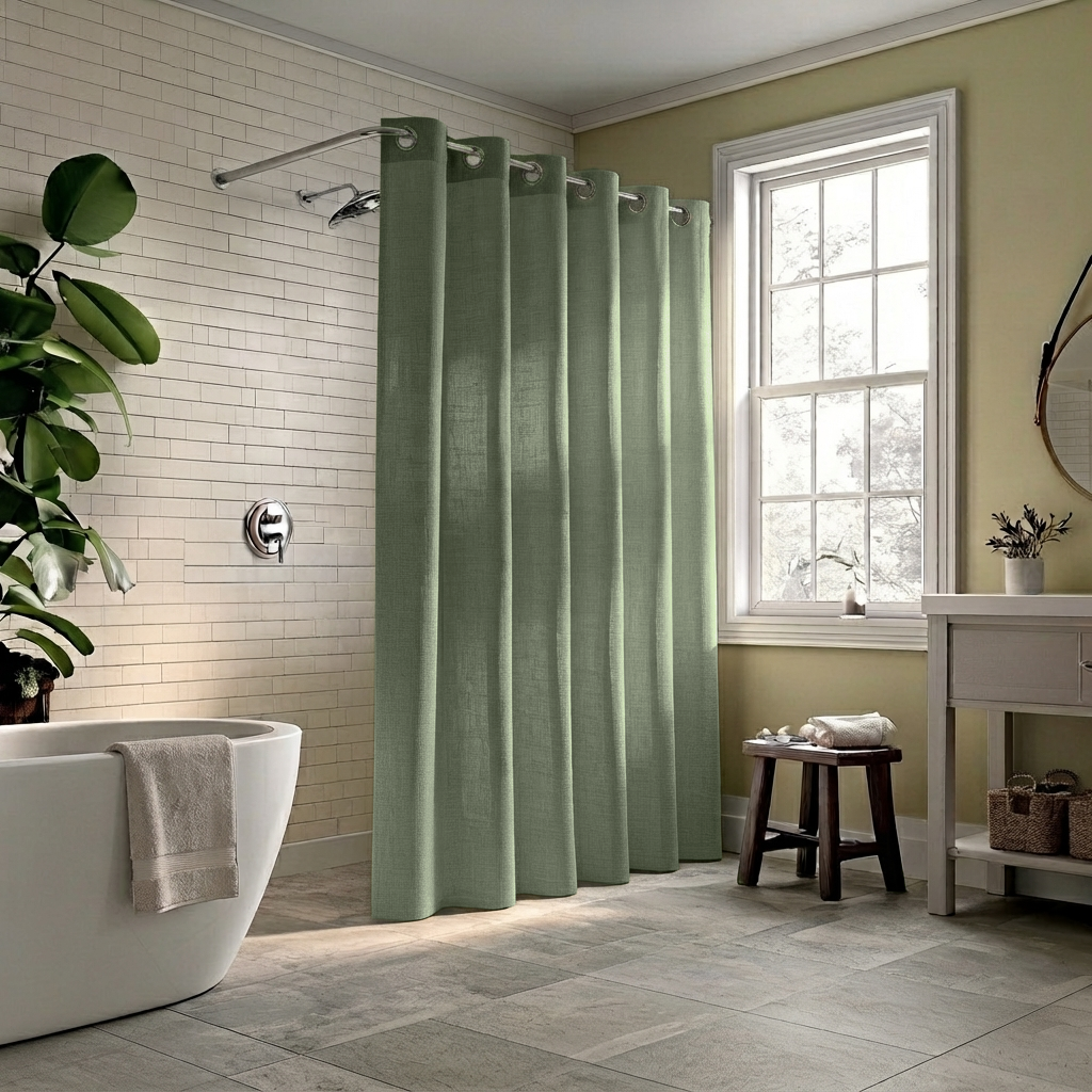 Linen Hookless Shower Curtain Asparagus Green in a Bathroom with White Tile Walls