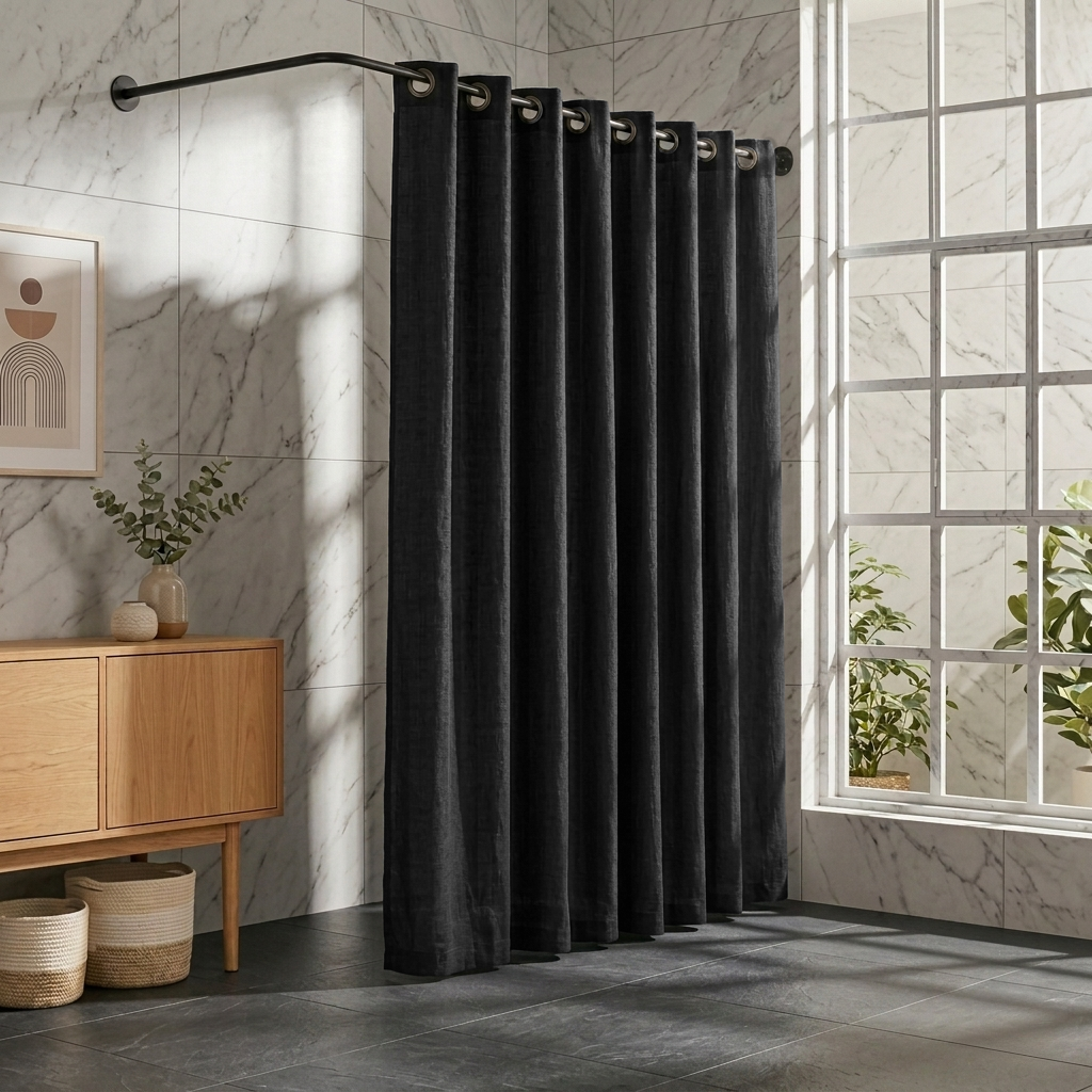 Linen Hookless Shower Curtain Black in a Modern Bathroom with White Marble Walls