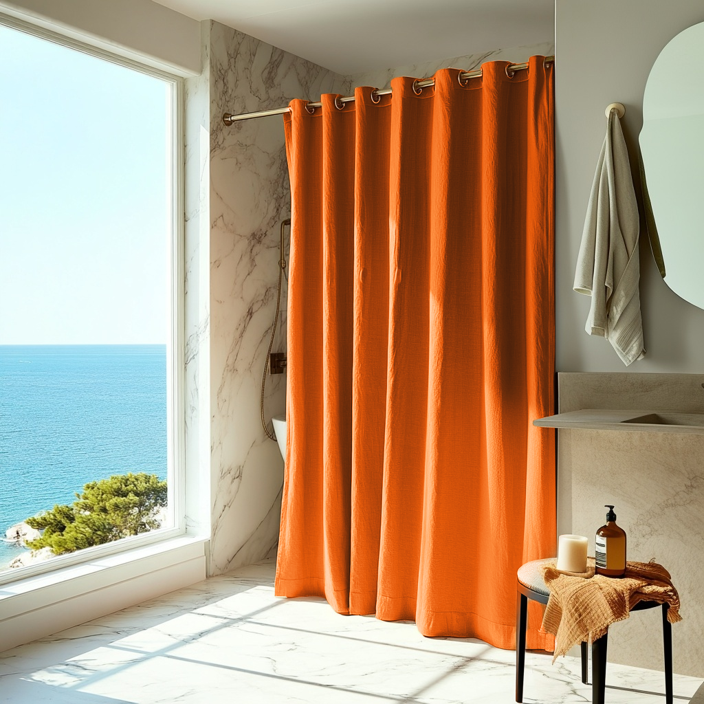 Linen Hookless Shower Curtain Burnt Orange in a Modern Bathroom with White Marble Walls