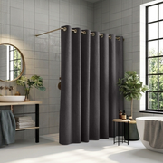 Charcoal Grey Linen Hookless Shower Curtain in a Modern Bathroom with Grey Tile Walls