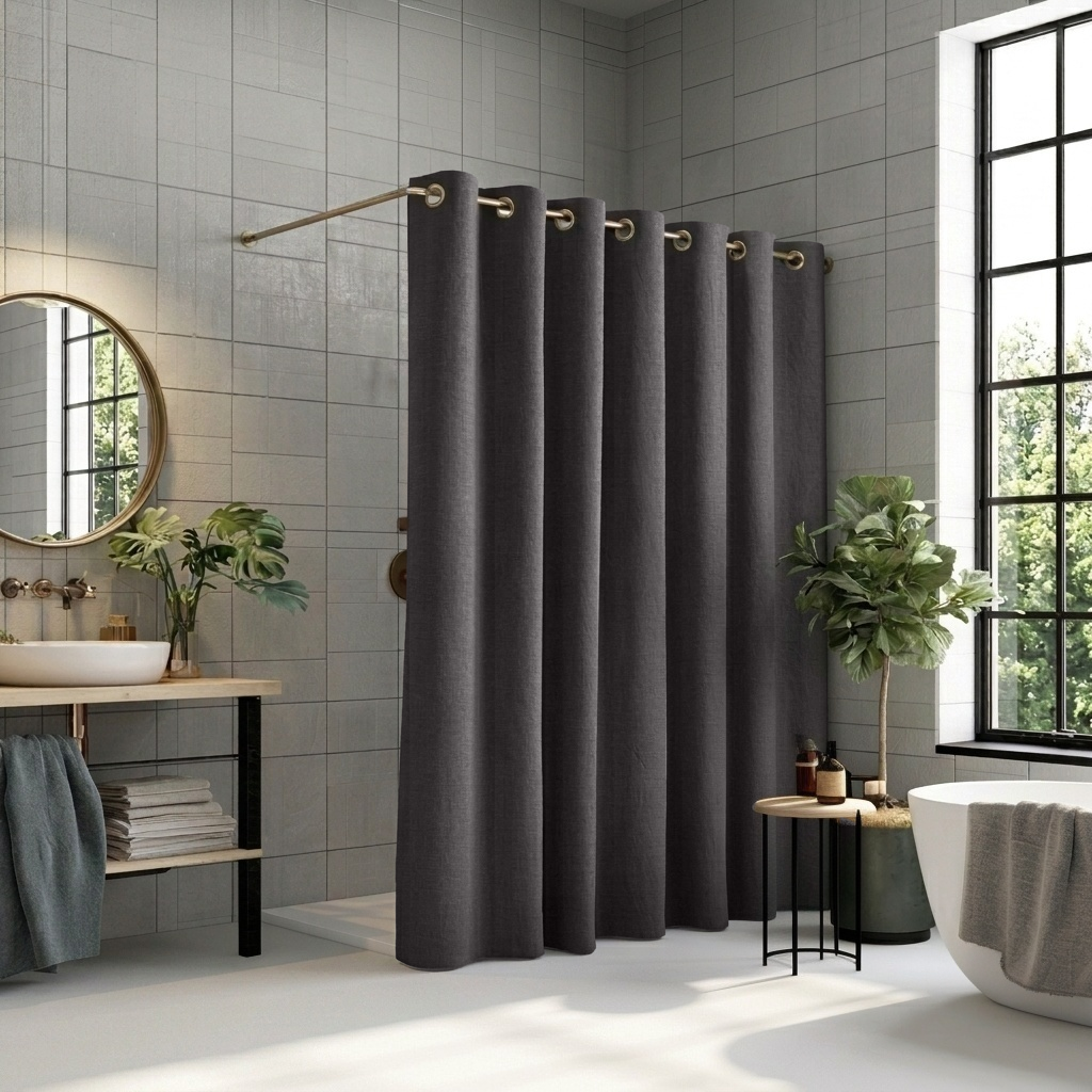 Charcoal Grey Linen Hookless Shower Curtain in a Modern Bathroom with Grey Tile Walls