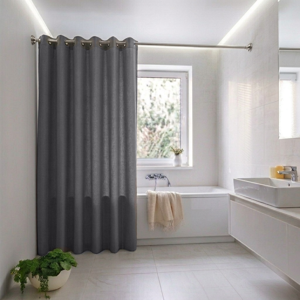 Dim Grey Linen Hookless Shower Curtain in a Contemporary Bathroom with White Marble Walls