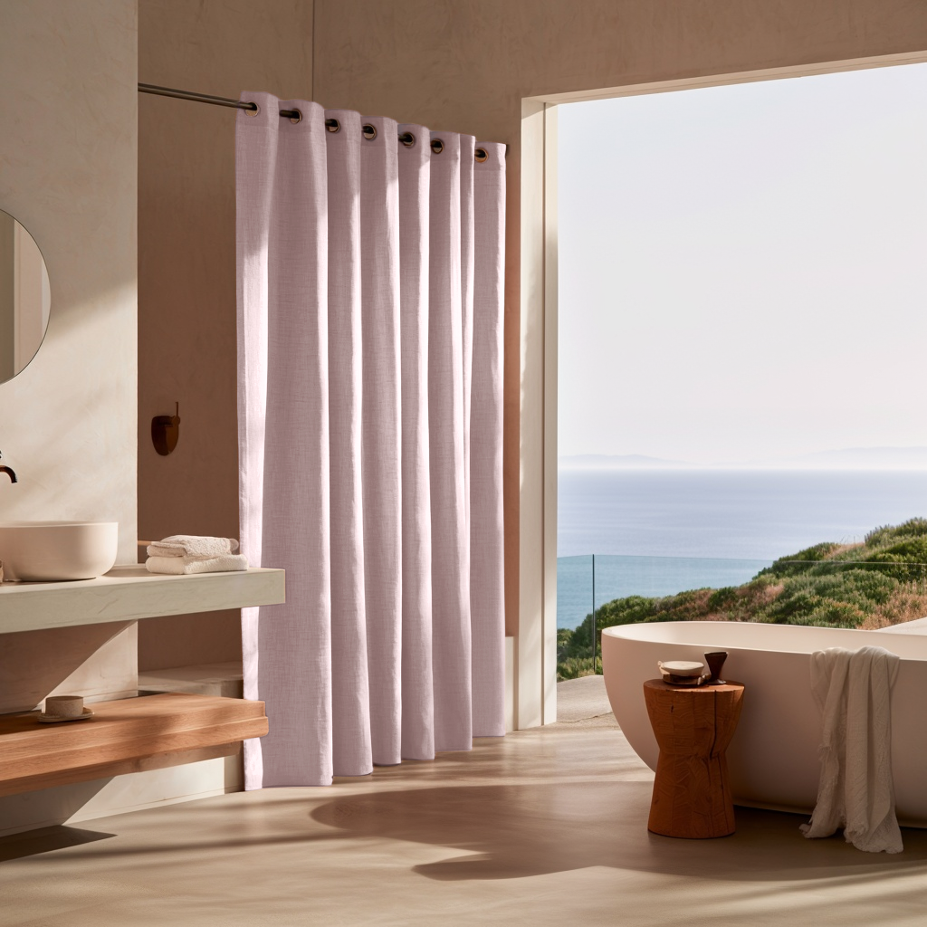 Linen Hookless Shower Curtain Dusty Pink in a Modern Bathroom