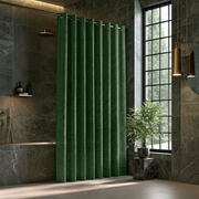 Linen Hookless Shower Curtain Forest Green in a Modern Bathroom with Dark Marble Walls
