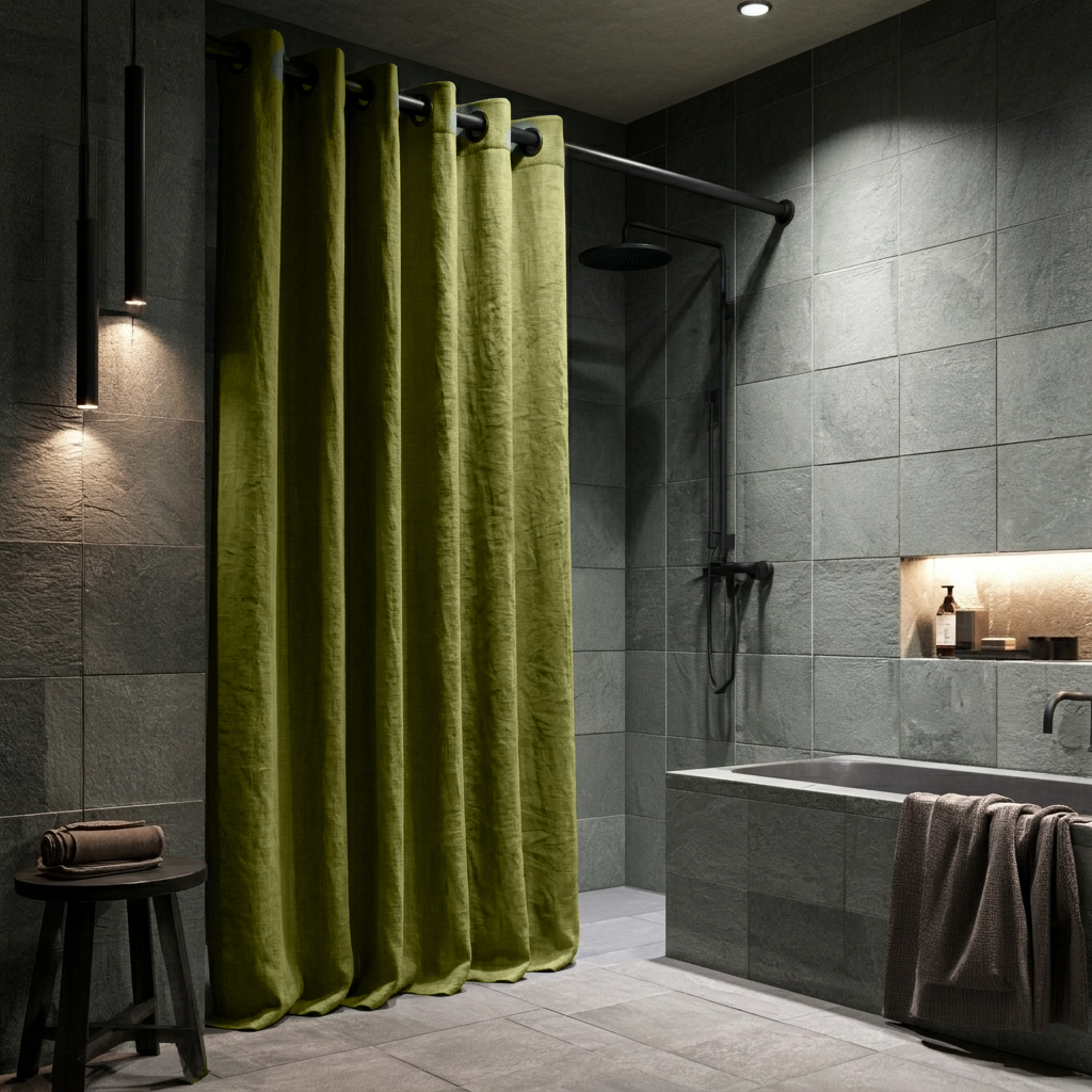 Moss Green Linen Hookless Shower Curtain in a Modern Bathroom with Dark Gray Tile Walls