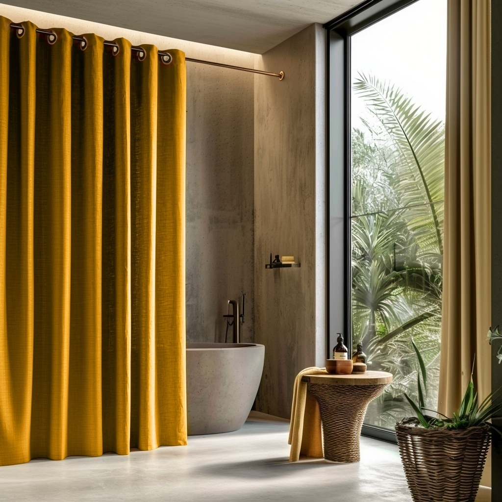 Linen Hookless Shower Curtain Mustard Yellow in a Modern Bathroom