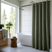 Linen Hookless Shower Curtain Sage Green in a Contemporary Bathroom with White Tile Walls