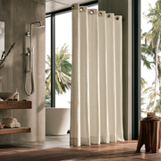 Linen Hookless Weighted Shower Curtain Cream in a Stylish Bathroom with View of Palm Trees