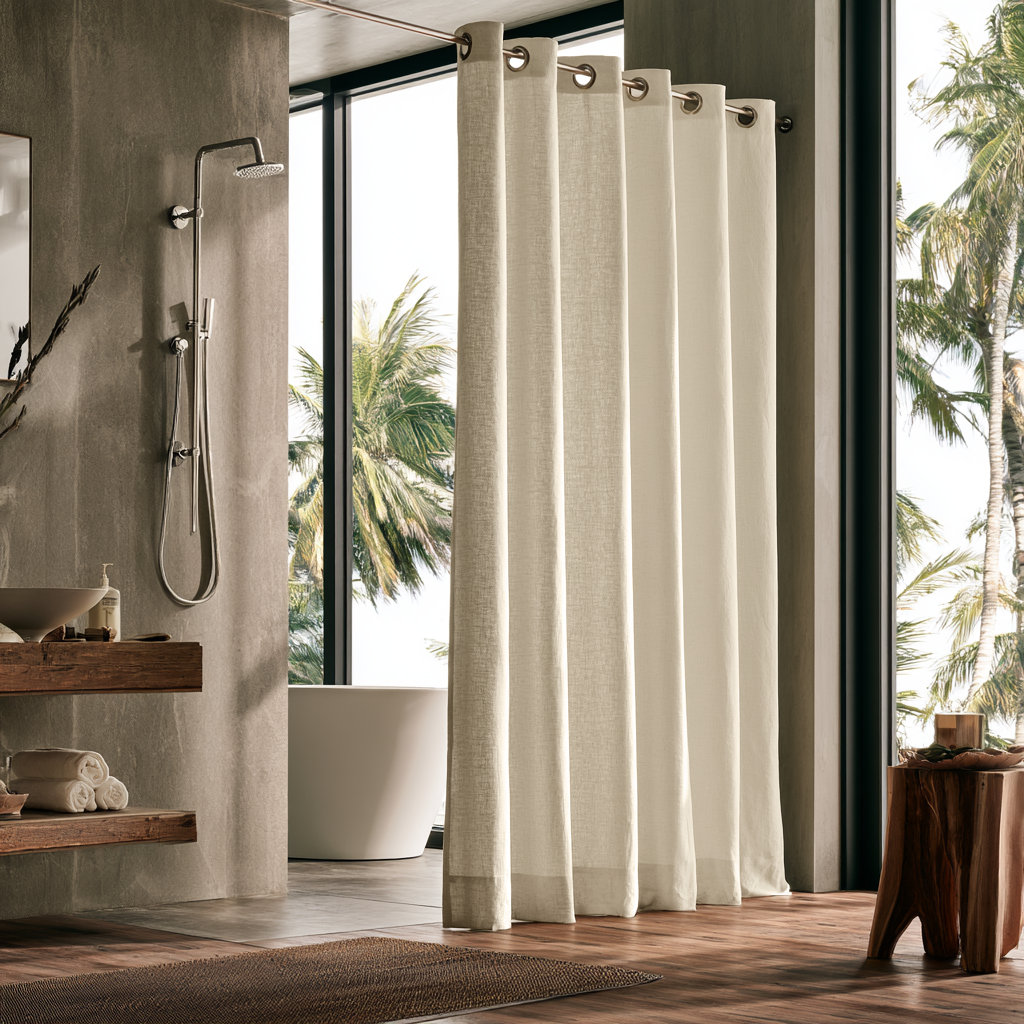 Linen Hookless Weighted Shower Curtain Cream in a Stylish Bathroom with View of Palm Trees