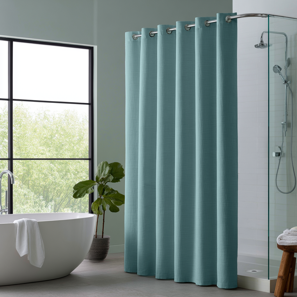 Aquamarine Linen Hookless Weighted Shower Curtain in a Minimalist Spa Interior Filled with Natural Light