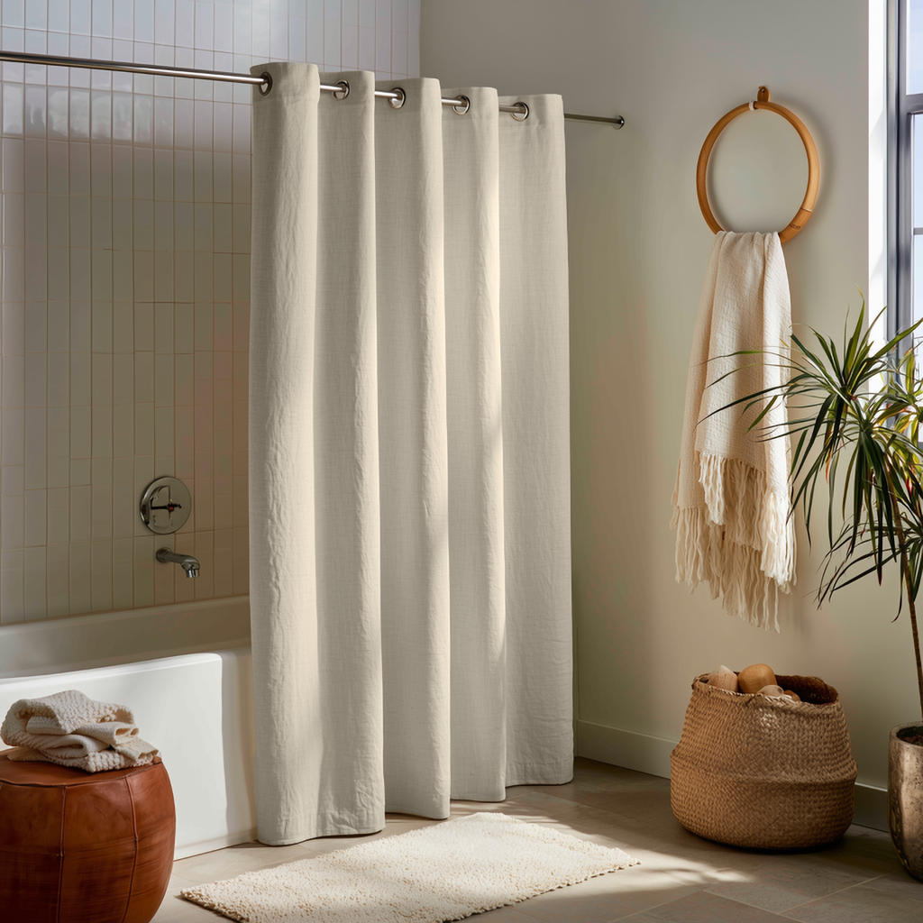 Ecru Heavy Weight Linen Hookless Weighted Shower Curtain near a Round Towel Holder