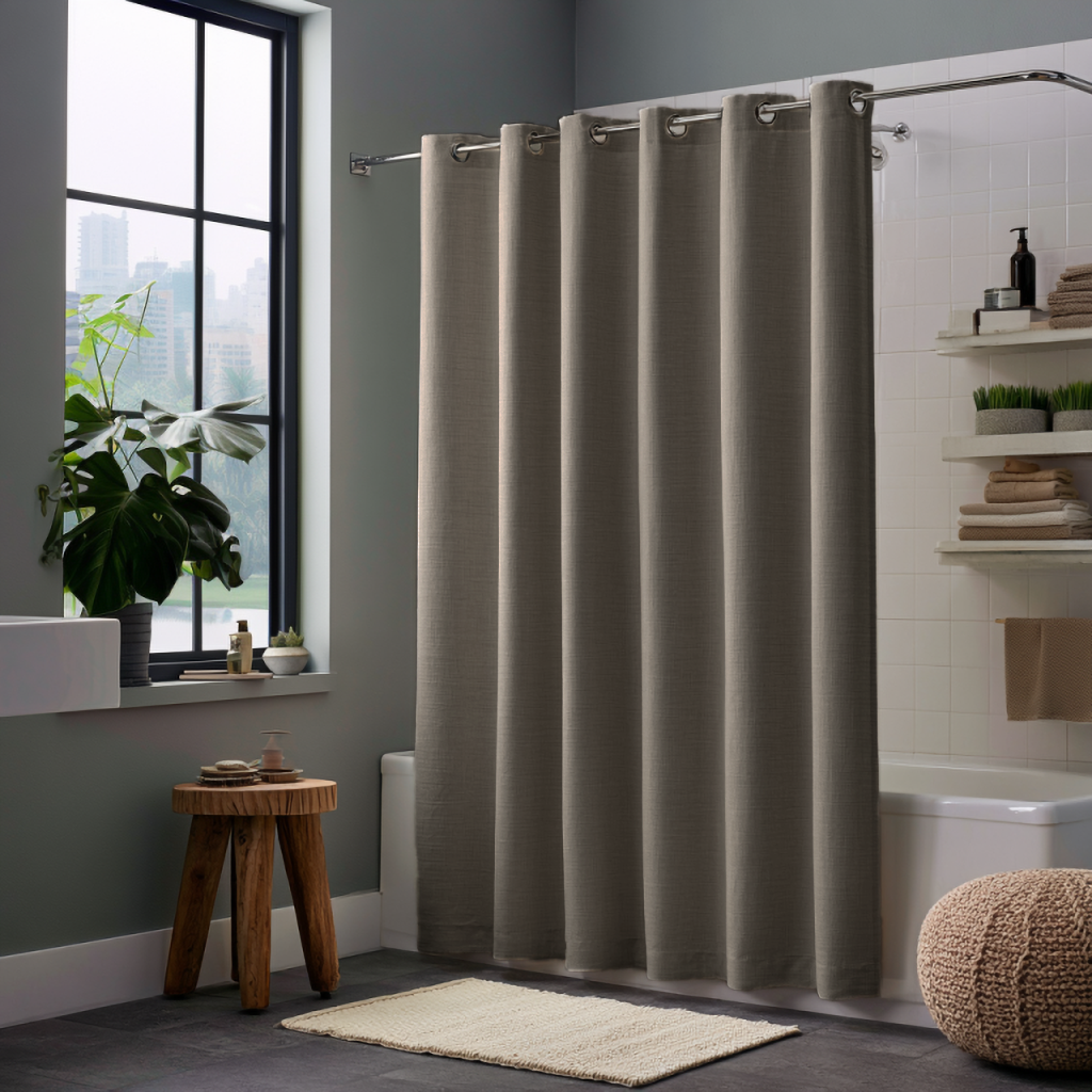 Natural Heavy Weight Linen Hookless Weighted Shower Curtain in a Cozy Styled Bathroom