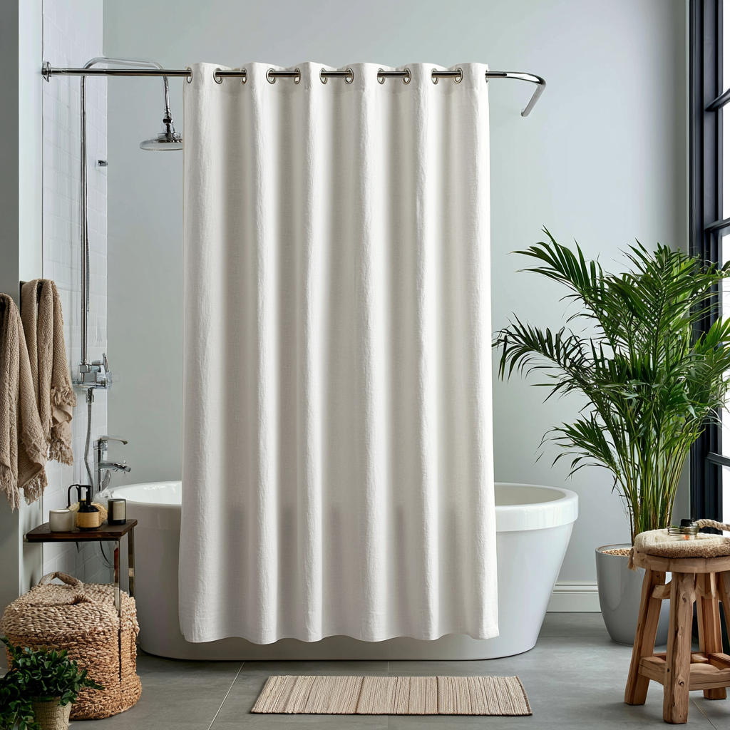 Off-White Linen Hookless Weighted Shower Curtain in a Cozy Bathroom