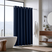 Royal Blue Linen Hookless Weighted Shower Curtain in a Modern Bathroom with Scenic Window Views