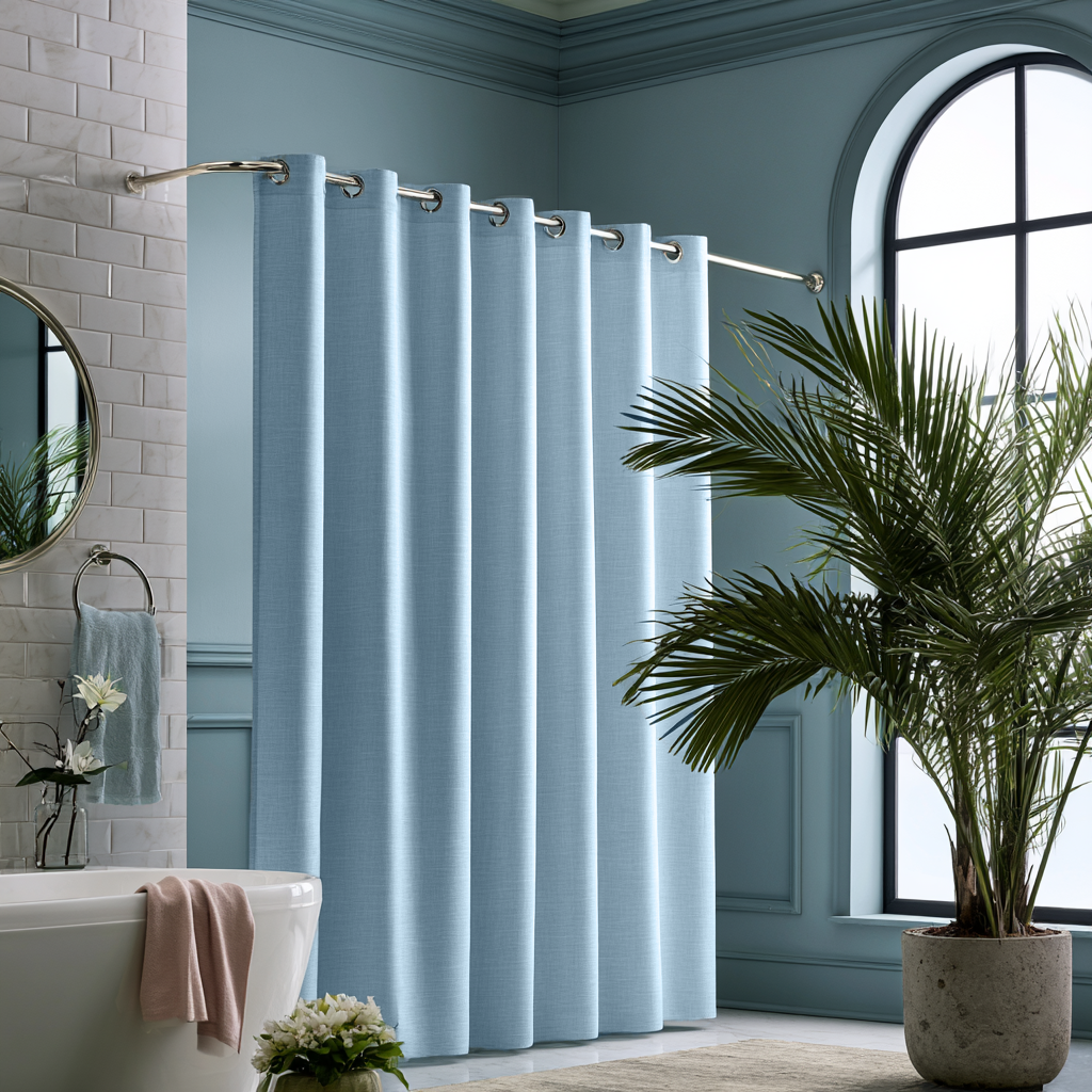Sky Blue Linen Hookless Weighted Shower Curtain in a Styled Bathroom with Blue Walls