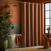 Terracotta Heavy Weight Linen Hookless Weighted Shower Curtain in a Styled Bathroom