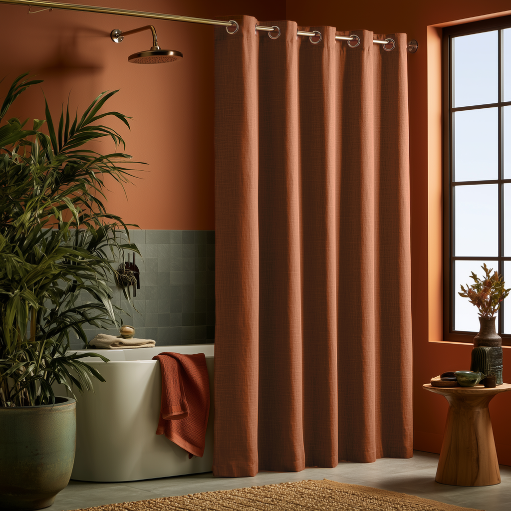 Terracotta Heavy Weight Linen Hookless Weighted Shower Curtain in a Styled Bathroom