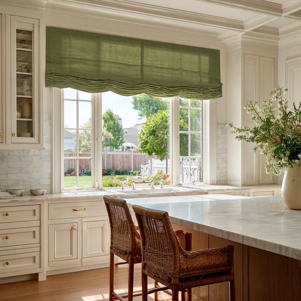 Olive Green Linen Relaxed Roman Shades in an Elegant Kitchen with Cream Cabinetry