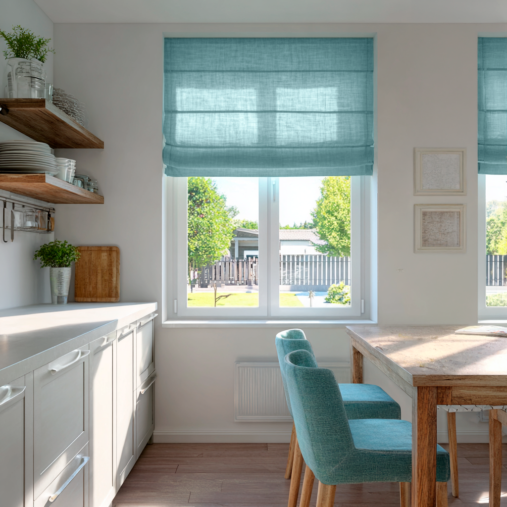 Aquamarine Blue Linen Roman Shades in a Bright Minimal Kitchen with Open Wood Shelving