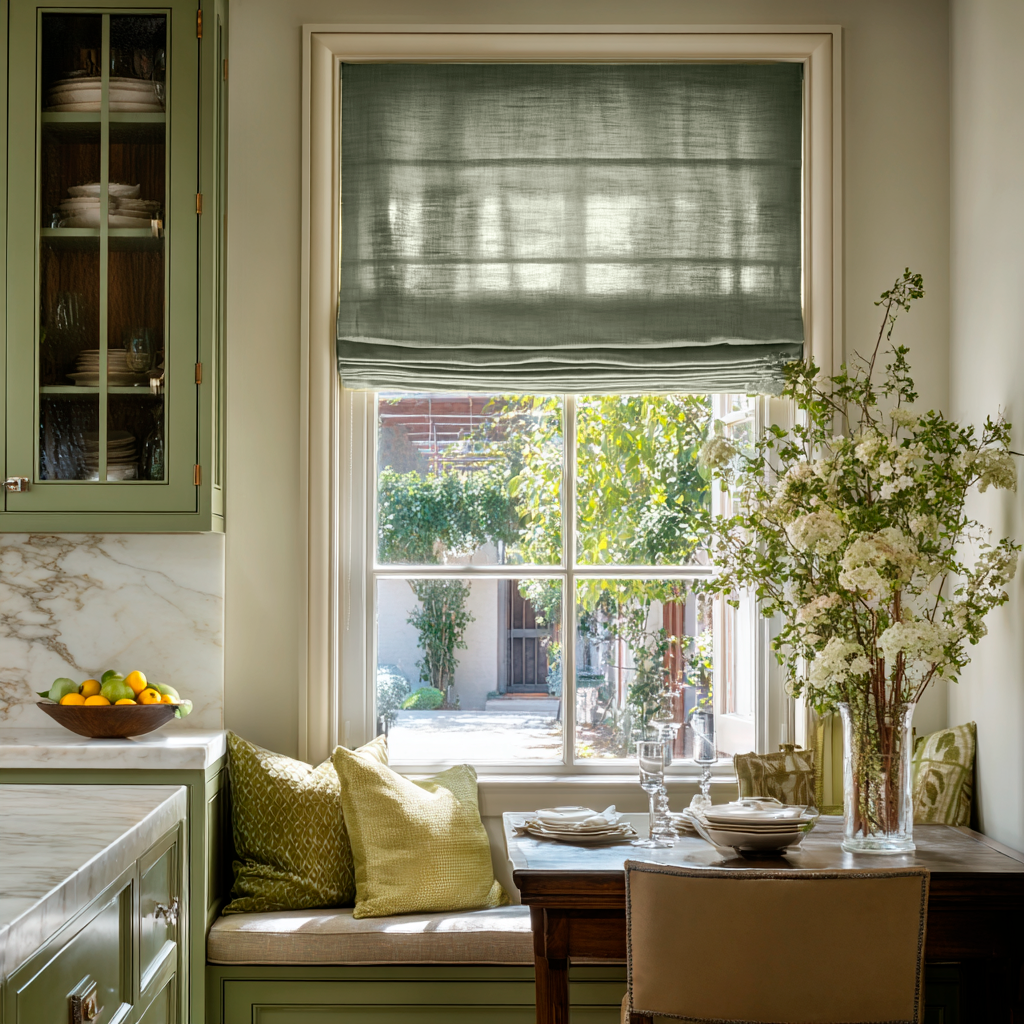 Asparagus Green Linen Roman Shades in an Elegant Breakfast Nook with Sage Cabinetry