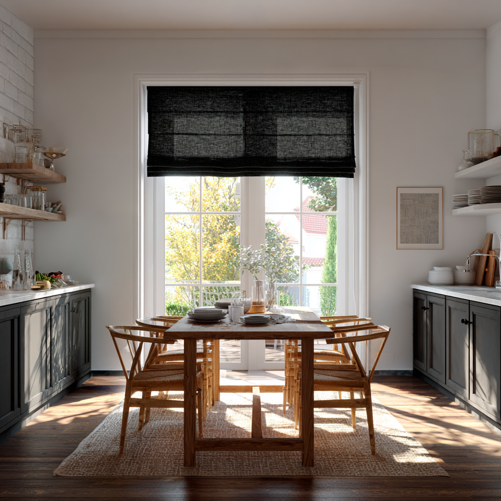 Black Linen Roman Shades in a Minimal Dining Kitchen with Black Cabinetry