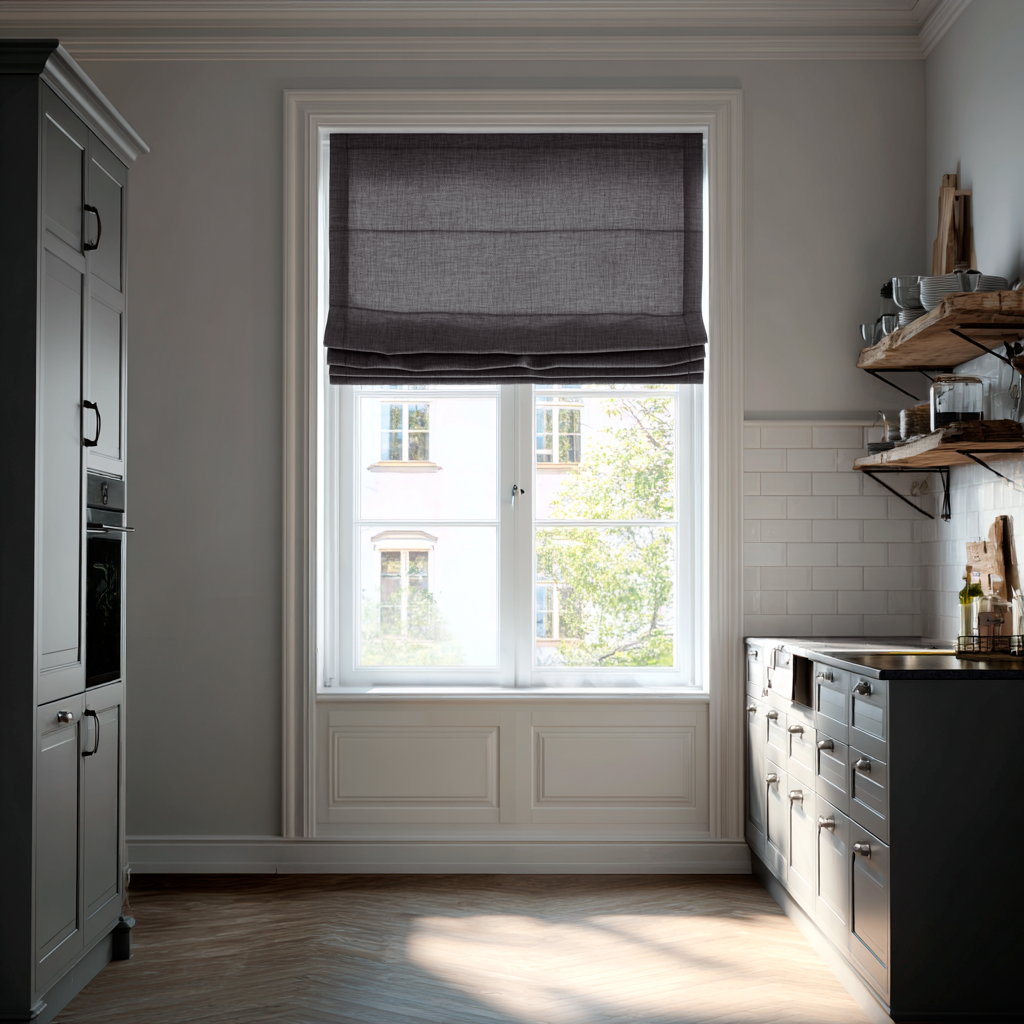 Charcoal Grey Linen Roman Shades in a Minimal Kitchen with Grey Cabinetry