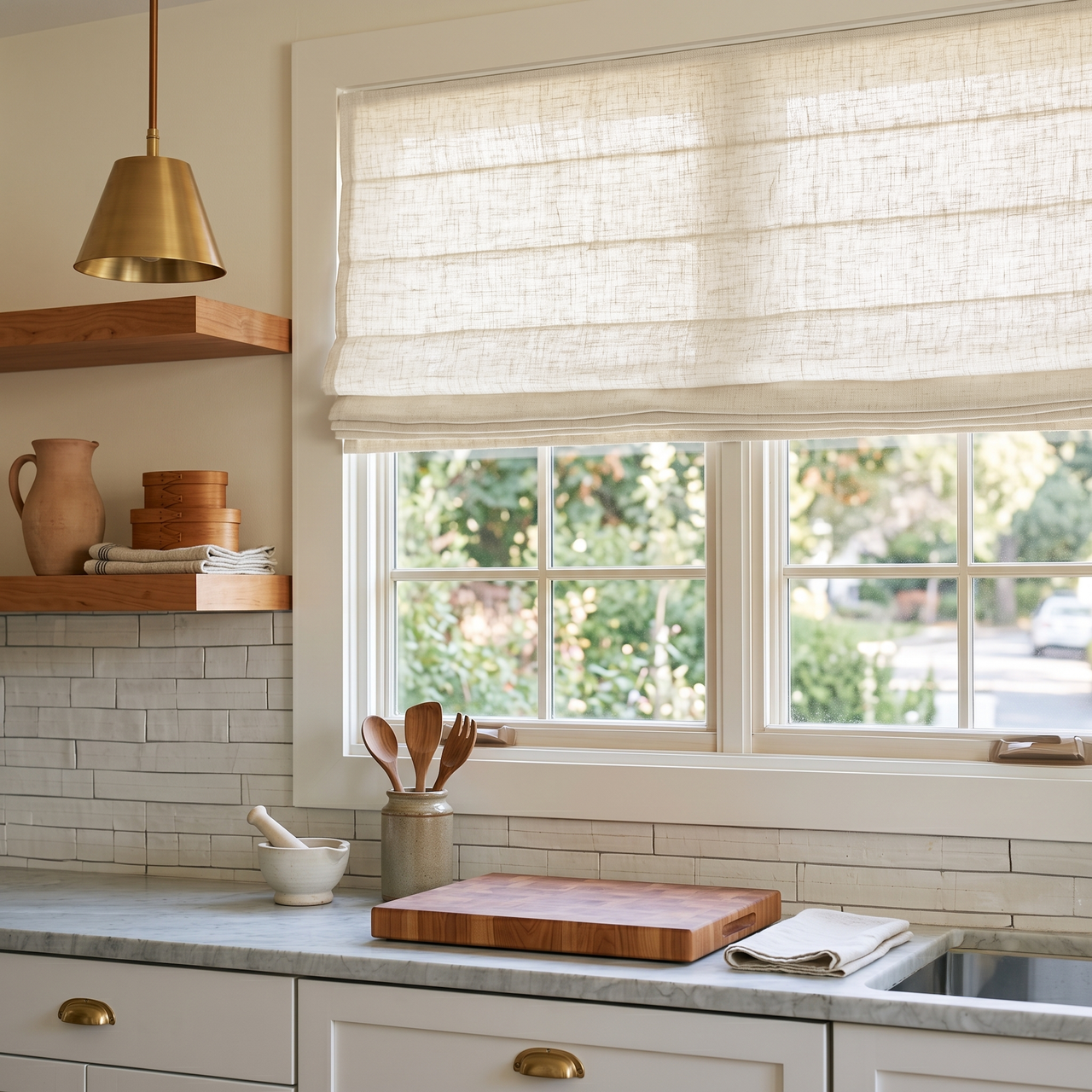 Cream Linen Kitchen Roman Shades in a Warm Kitchen with White Cabinets and Wood Shelving