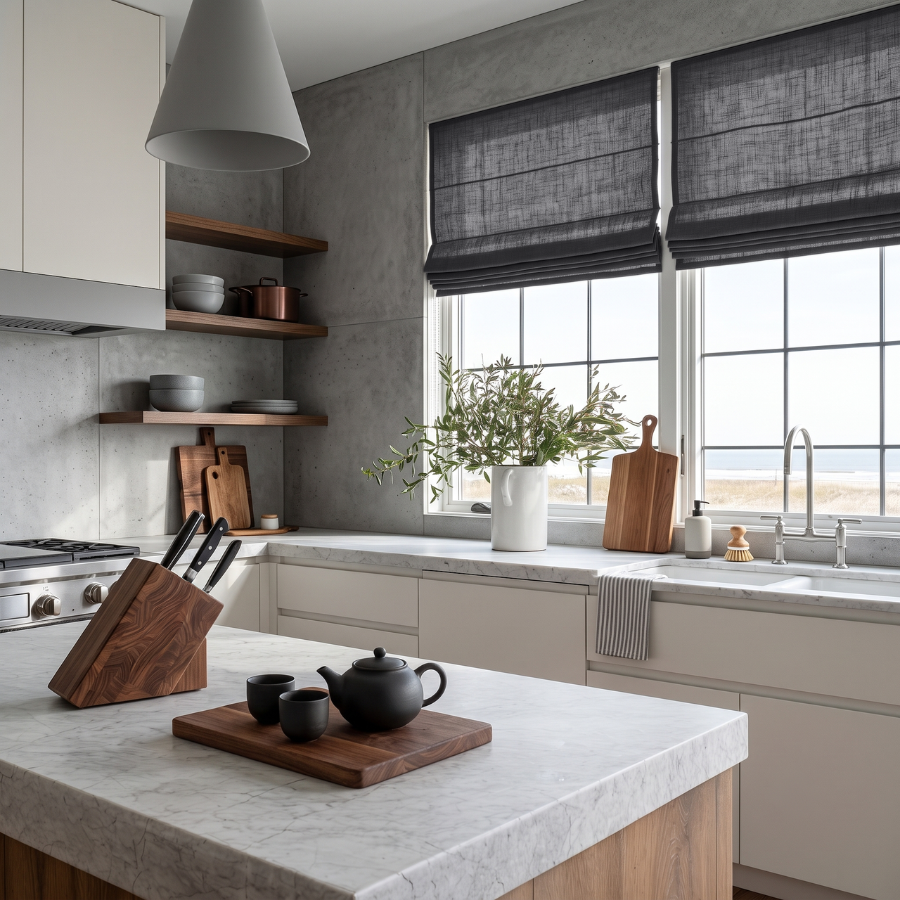 Dim Grey Linen Roman Shades in a Modern Kitchen with Concrete Walls