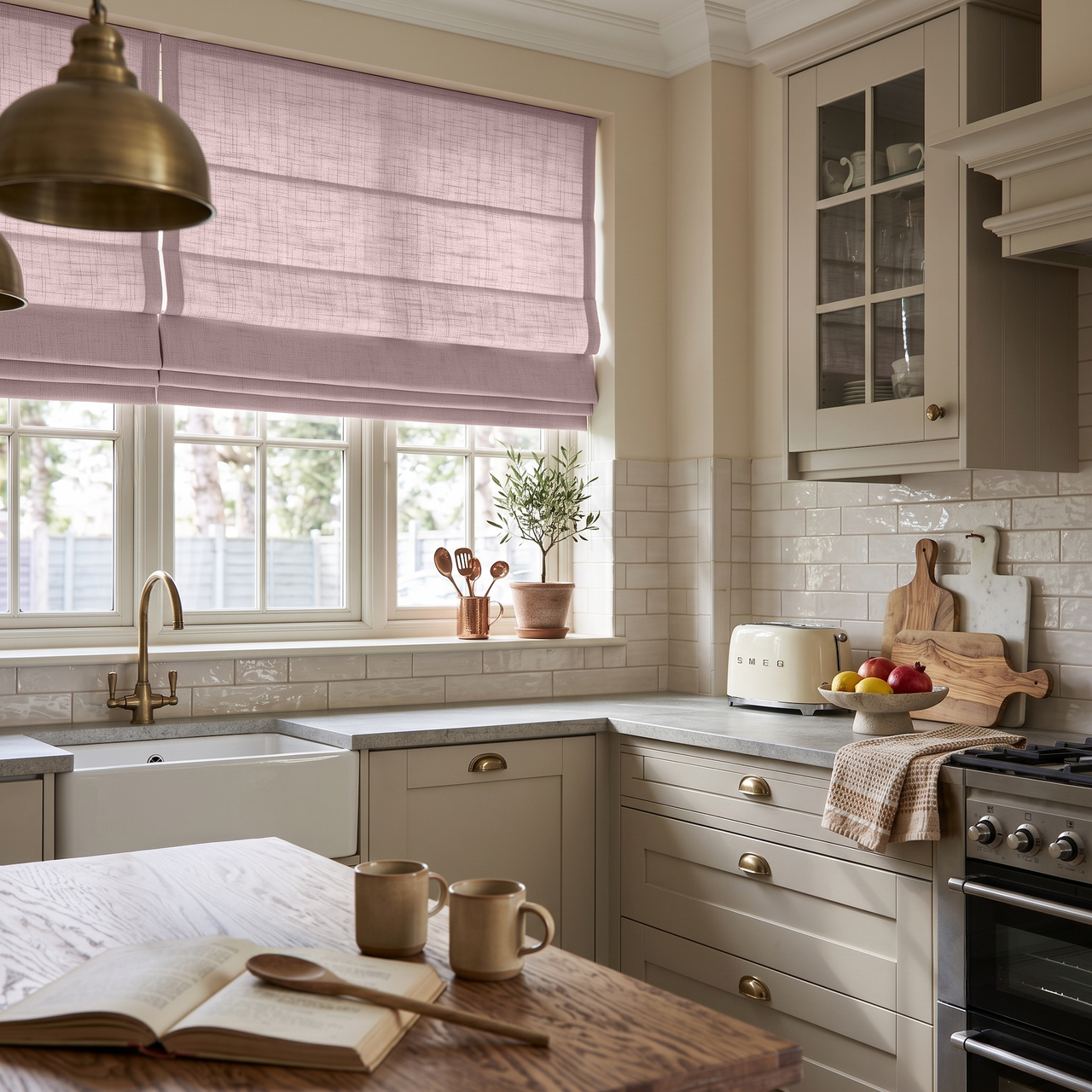 Dusty Pink Linen Roman Shades in a Cozy Classic Kitchen with Cream Cabinetry