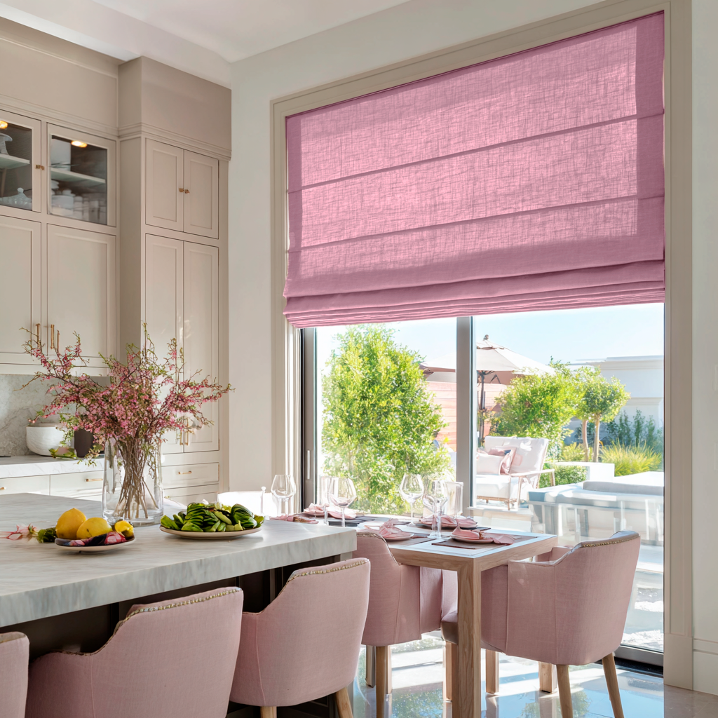 Dusty Rose Linen Roman Shades in an Elegant Dining Kitchen with Pale Cabinetry