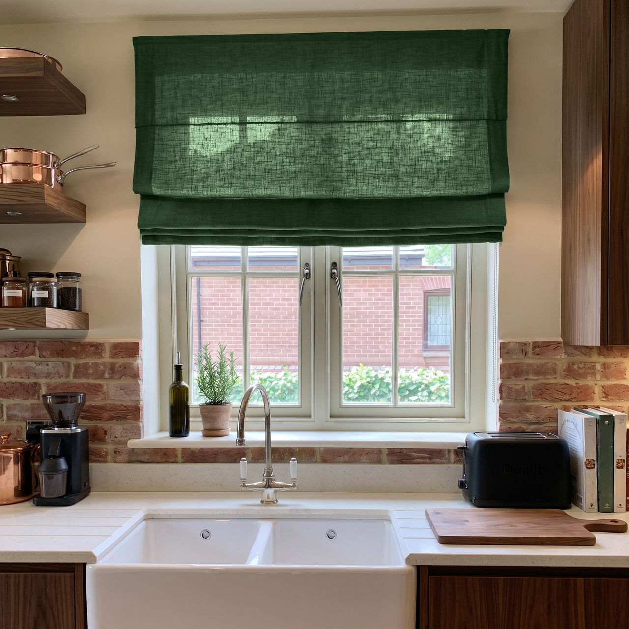 Forest Green Linen Roman Shades in a Warm Rustic Kitchen with Exposed Brick
