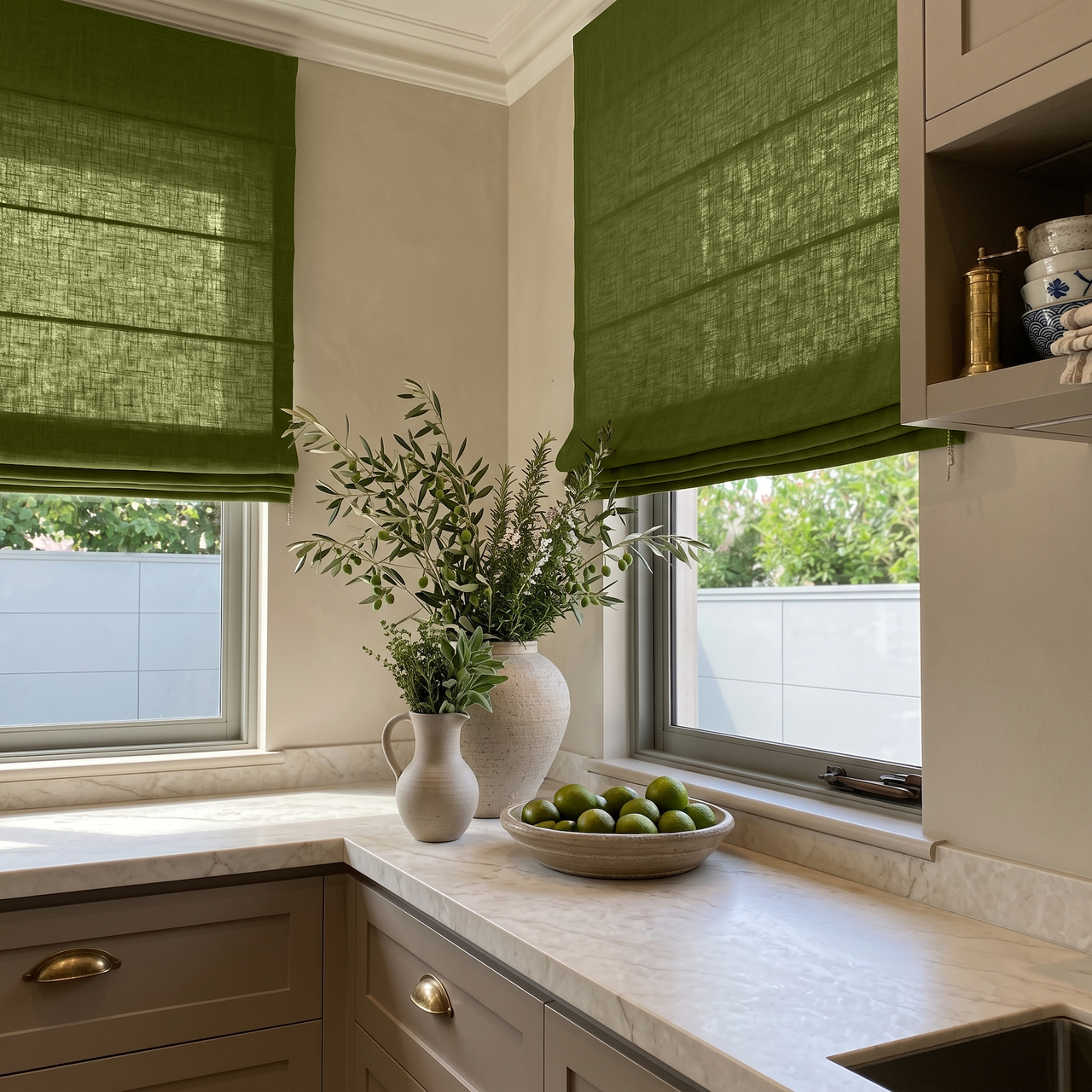 Moss Green Linen Roman Shades in a Classic Kitchen with Marble Counters