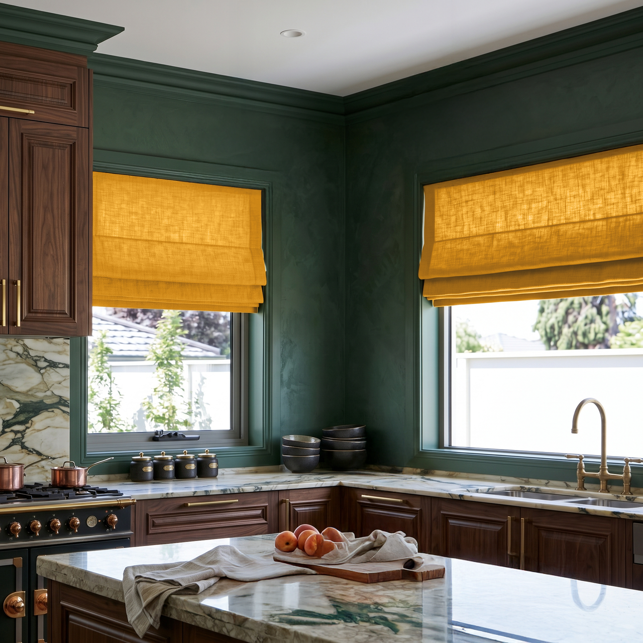 Mustard Yellow Linen Roman Shades in a Moody Modern Kitchen with Deep Green Walls