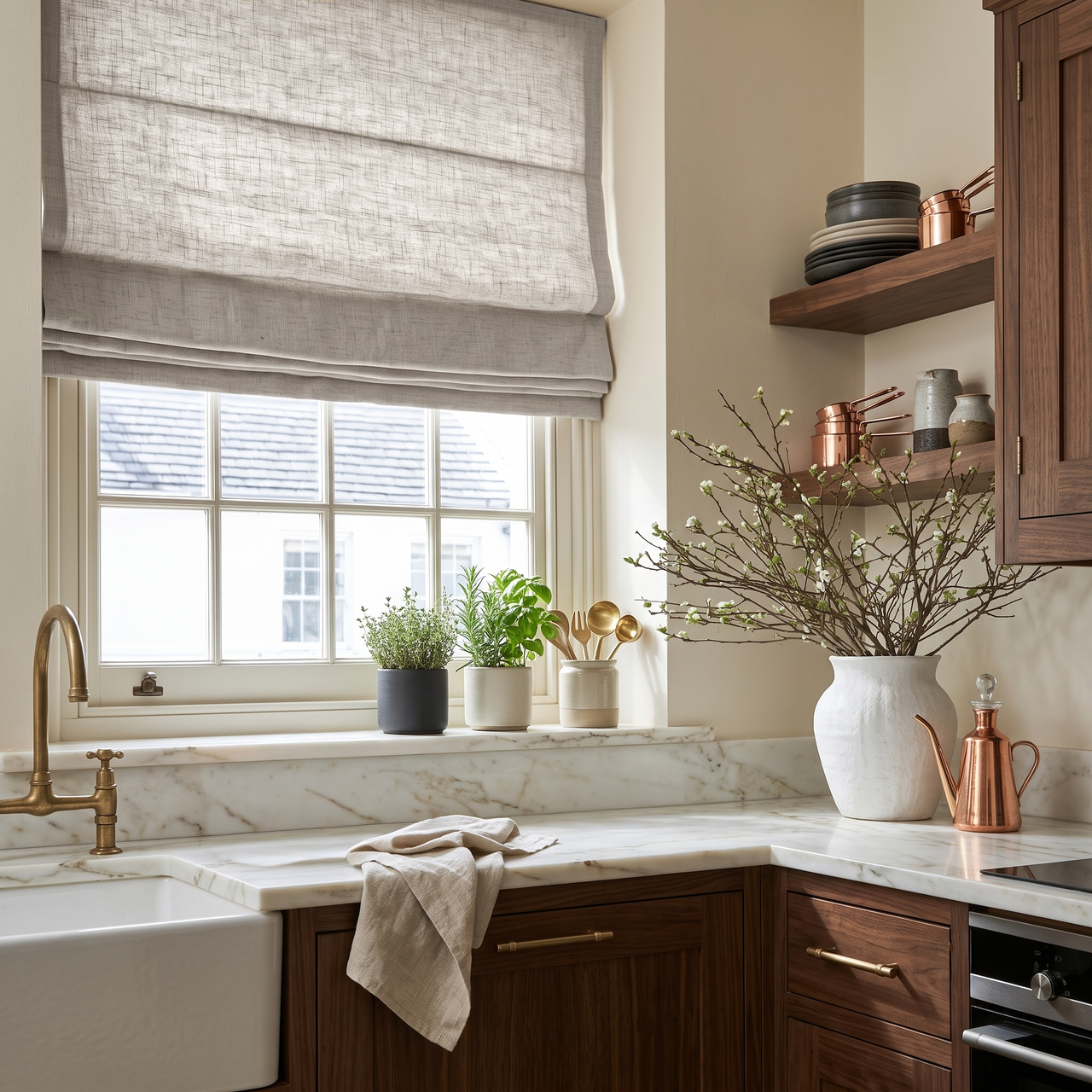 Natural Linen Roman Shades in a Cozy Kitchen with Walnut Cabinetry