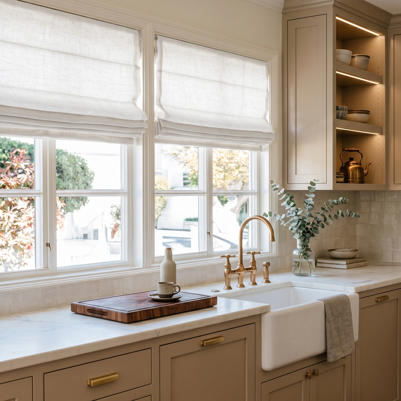 Off-White Linen Kitchen Roman Shades in a Bright Traditional Kitchen with a Farmhouse Sink