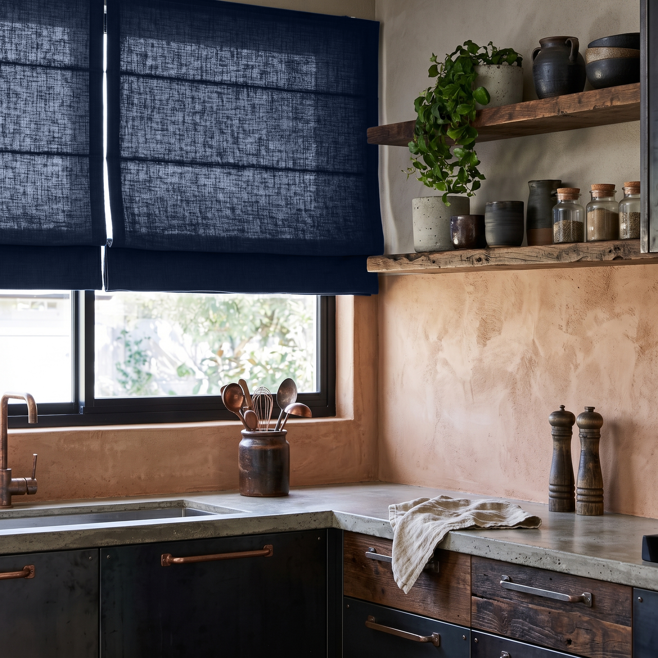 Royal Blue Linen Kitchen Roman Shades in a Rustic Kitchen with Plaster Walls