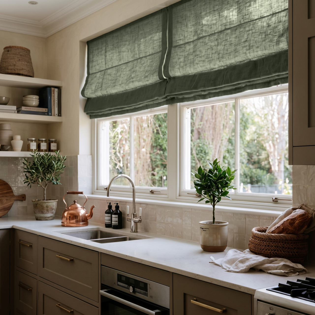Sage Green Linen Roman Shades in a Warm Modern Kitchen with Double Windows