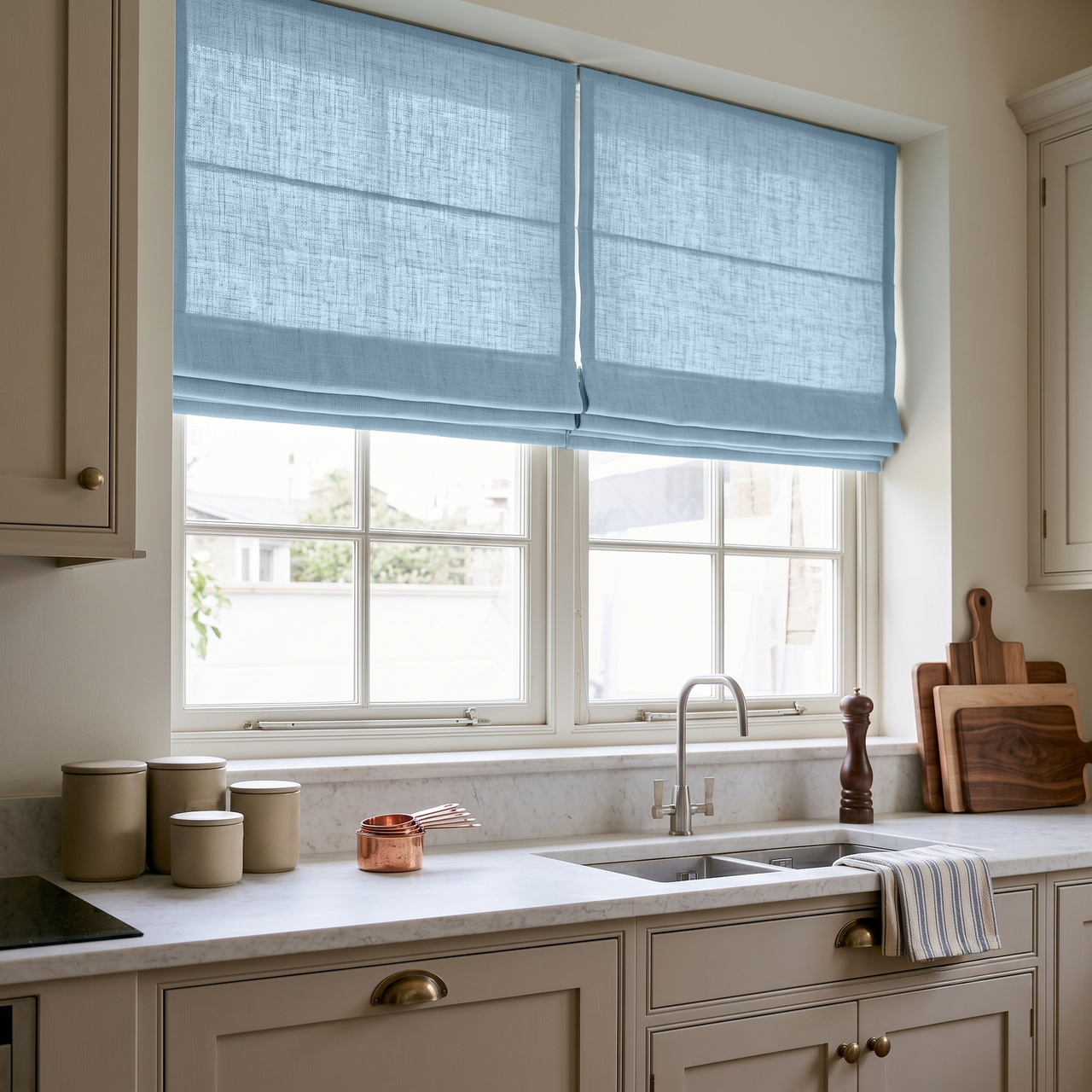 Sky Blue Linen Roman Shades in a Bright Traditional Kitchen with Cream Cabinetry