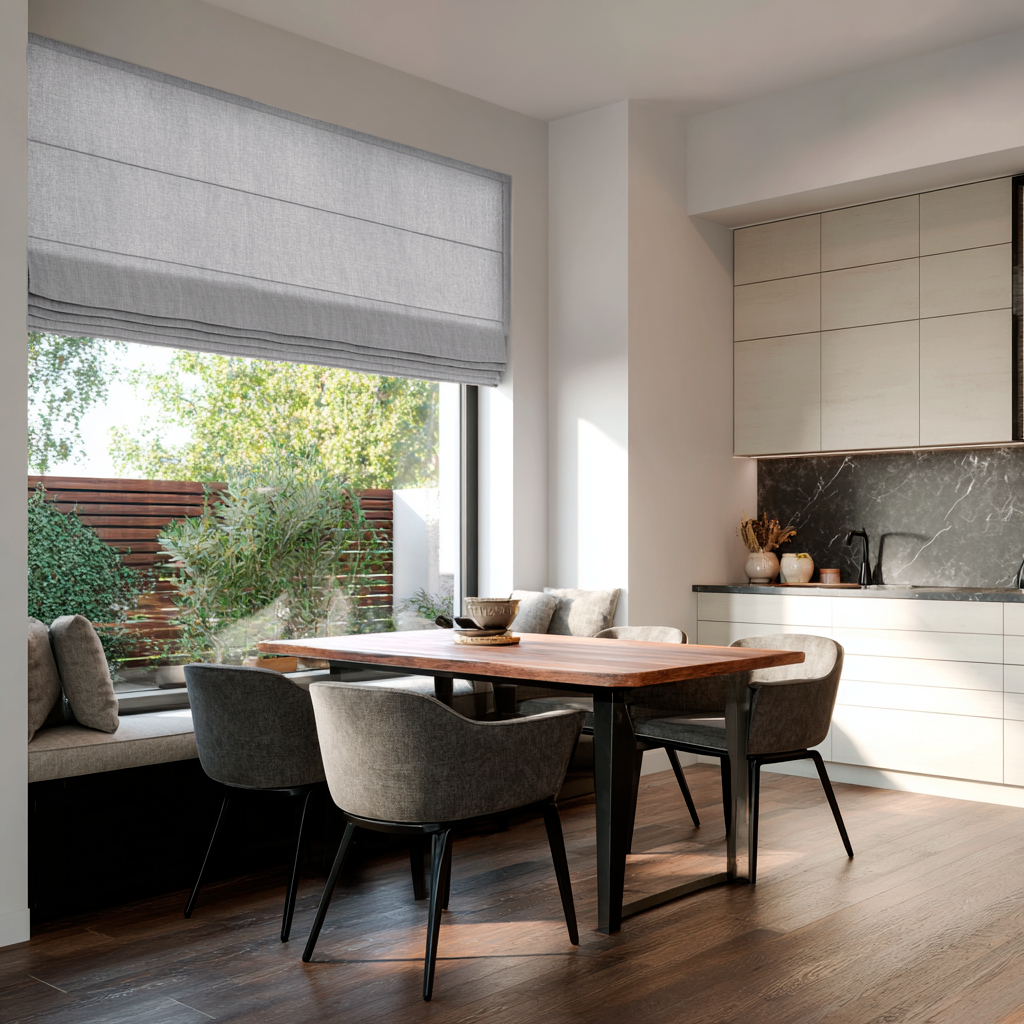 Stone Grey Linen Roman Shades in a Contemporary Dining Kitchen with Light Wood Cabinets
