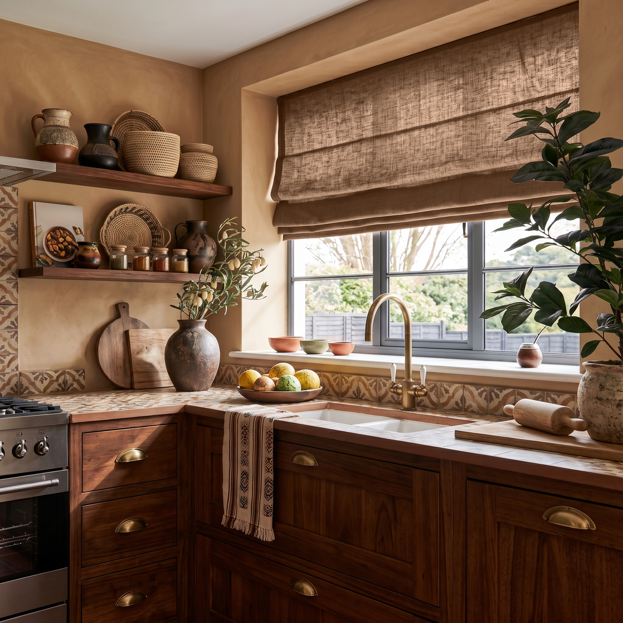 Tawny Brown Linen Roman Shades in a Warm Rustic Kitchen with Plaster Walls