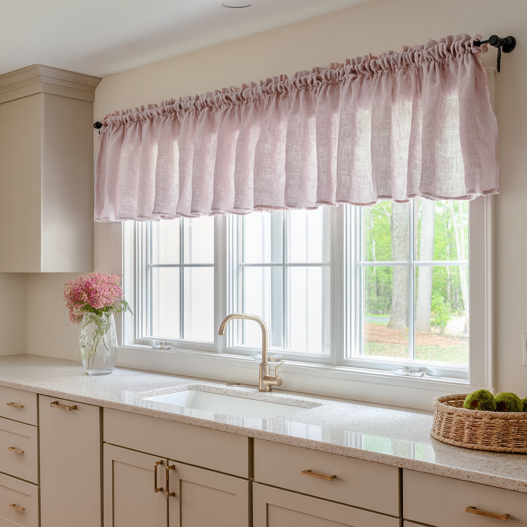 Dusty Pink Linen Kitchen Valance - Cotton Lining